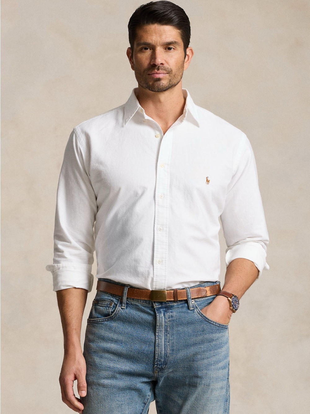 Ralph Lauren White Long-Sleeve Cotton Button-Down Shirt Pony